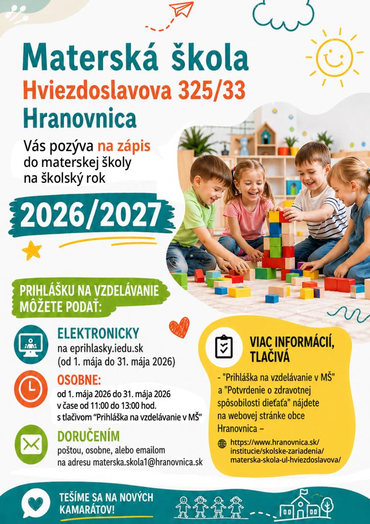 Plagát - Zápis detí do Materskej školy, Hviezdoslavova 325/33, Hranovnica