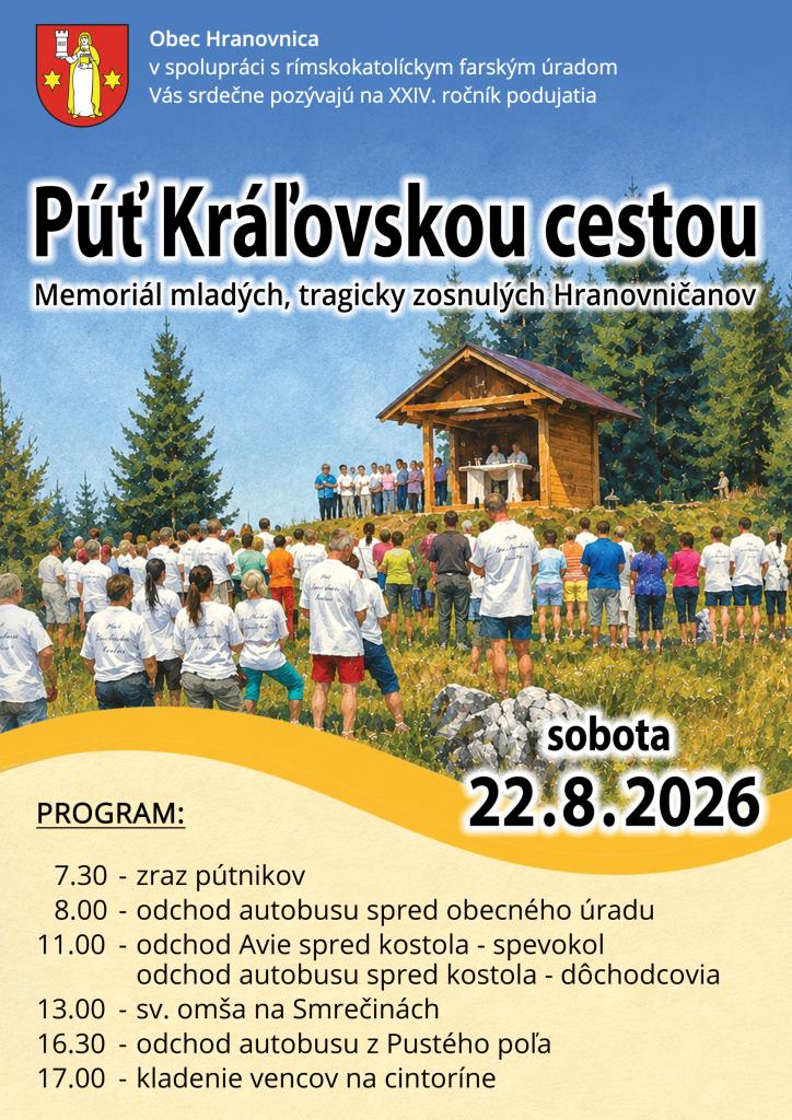 Plagát na Púť Kráľovskou cestou - 24. ročník Memoriálu mladých, tragicky zosnulých Hranovničanov