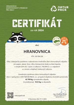 Certifikát spoločnosti NATURPACK, a.s. za rok 2024